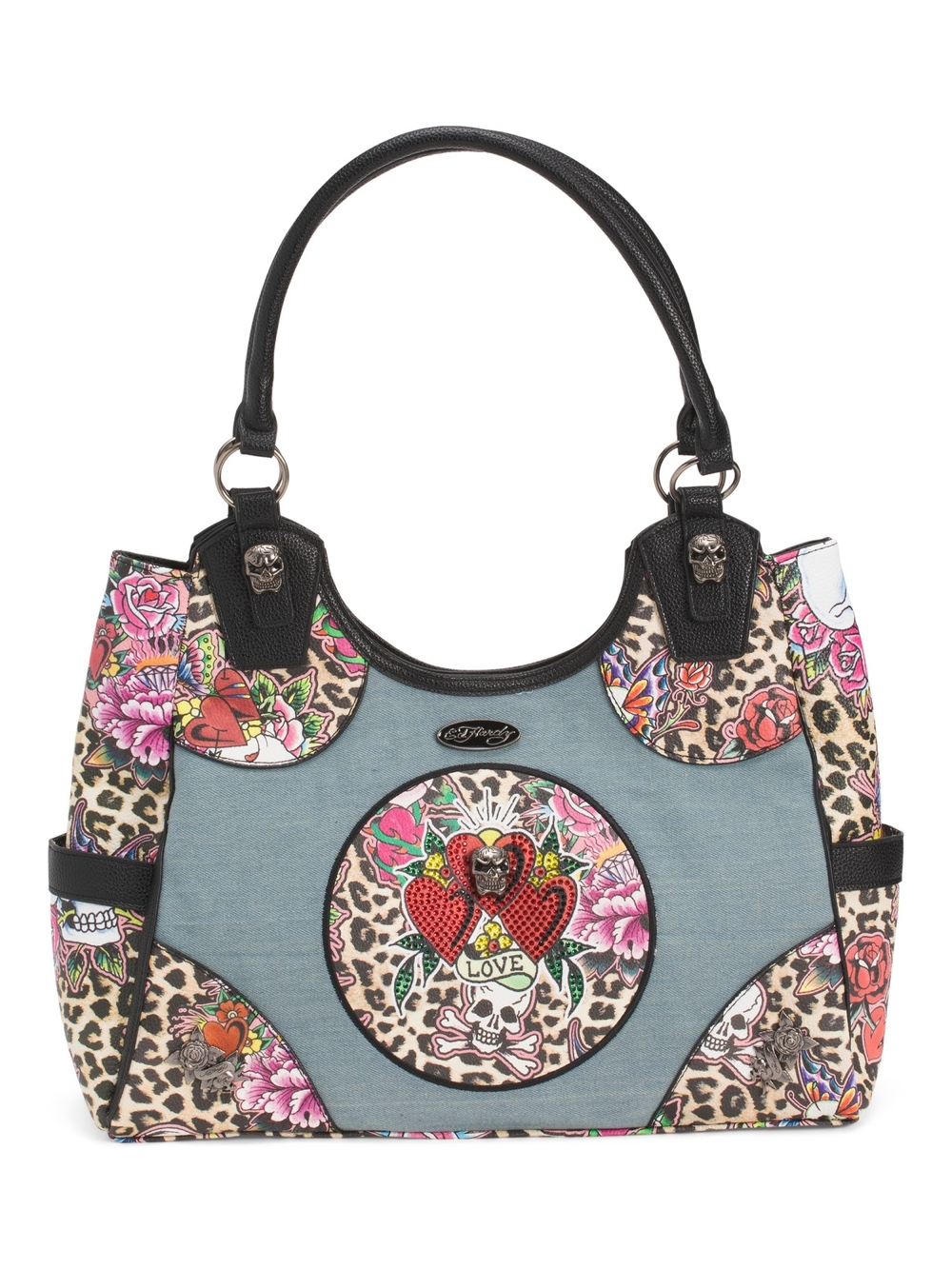Ed Hardy Blue Canvas Tote with Floral Skull Patchwork